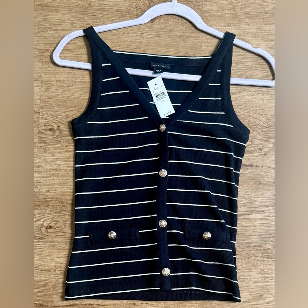 NWT Ann Taylor Black and White Striped Button-Down Tank Top - Picture 2 of 10